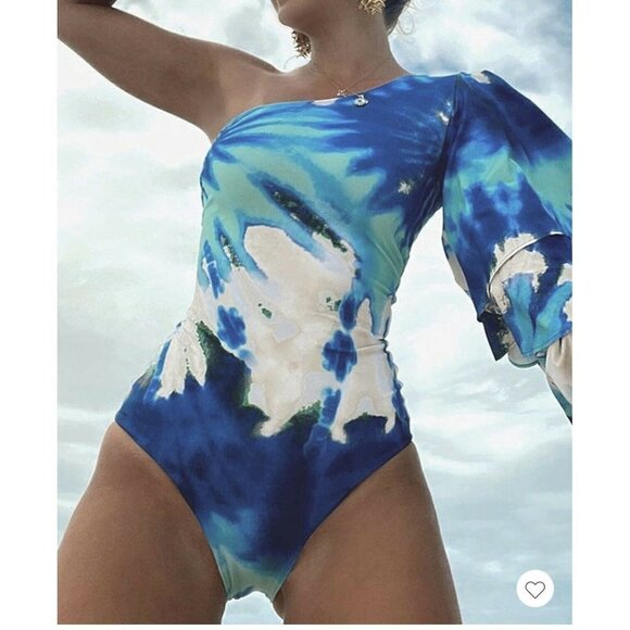 One Shoulder Tie Dye Floral Swimsuit . Size Large. NWOT. - Picture 1 of 11